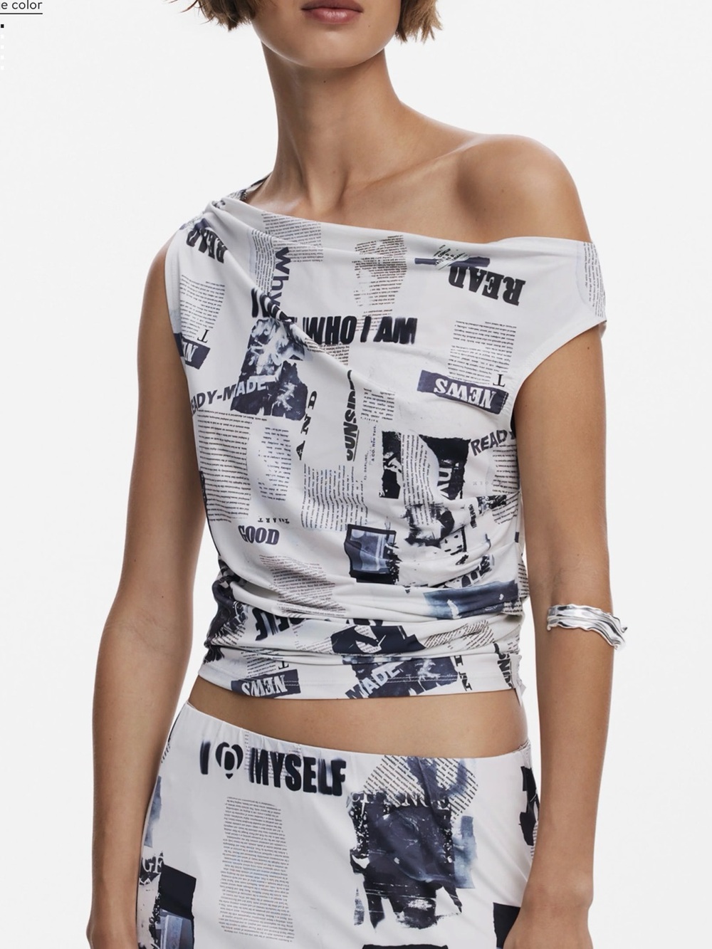 Desigual Off-Shoulder Newspaper Print Top - White/Black size Small
